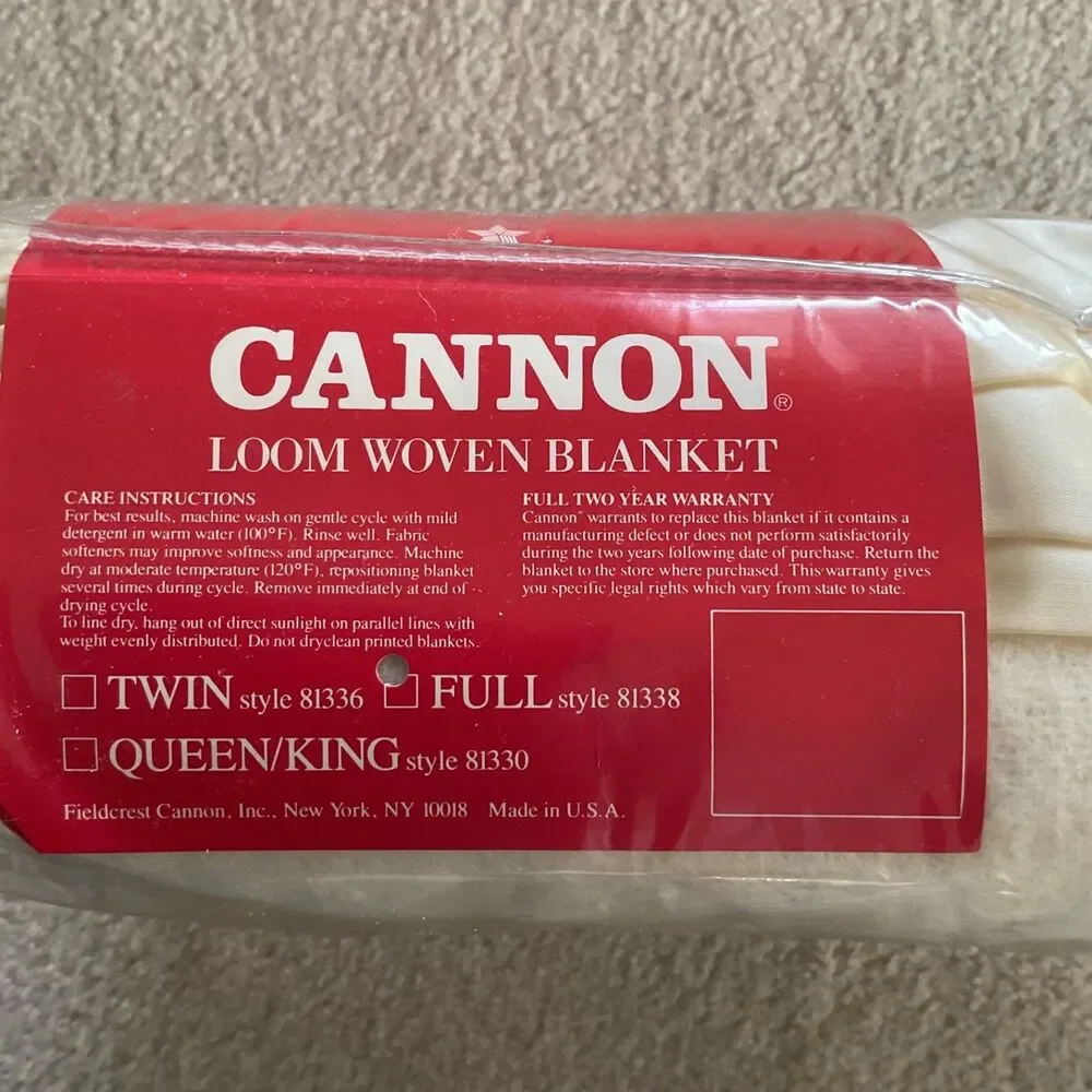 Vintage Cannon Loom Woven Acrylic Blanket Full 80x90in Satin Trim Cream USA New